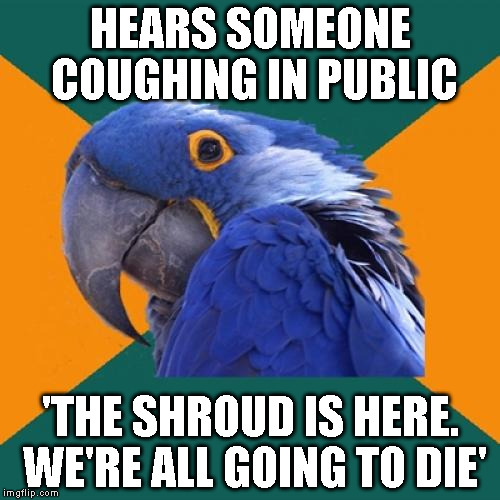 Paranoid Parrot Meme | HEARS SOMEONE COUGHING IN PUBLIC 'THE SHROUD IS HERE. WE'RE ALL GOING TO DIE' | image tagged in memes,paranoid parrot | made w/ Imgflip meme maker