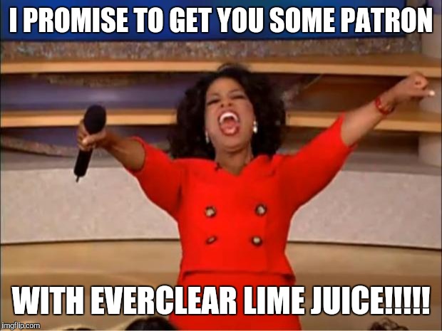 Oprah You Get A | I PROMISE TO GET YOU SOME PATRON WITH EVERCLEAR LIME JUICE!!!!! | image tagged in memes,oprah you get a | made w/ Imgflip meme maker
