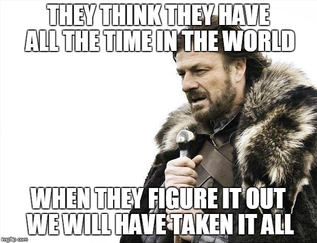 Brace Yourselves X is Coming | THEY THINK THEY HAVE ALL THE TIME IN THE WORLD WHEN THEY FIGURE IT OUT WE WILL HAVE TAKEN IT ALL | image tagged in memes,brace yourselves x is coming | made w/ Imgflip meme maker
