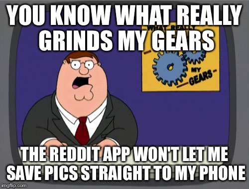 Peter Griffin News | YOU KNOW WHAT REALLY GRINDS MY GEARS THE REDDIT APP WON'T LET ME SAVE PICS STRAIGHT TO MY PHONE | image tagged in memes,peter griffin news | made w/ Imgflip meme maker