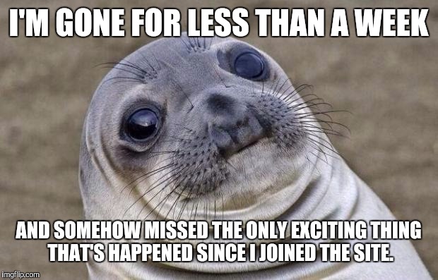 Hackings? No more front page Christmas memes? What is this place? | I'M GONE FOR LESS THAN A WEEK AND SOMEHOW MISSED THE ONLY EXCITING THING THAT'S HAPPENED SINCE I JOINED THE SITE. | image tagged in memes,awkward moment sealion | made w/ Imgflip meme maker