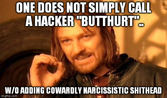 One Does Not Simply Meme | ONE DOES NOT SIMPLY CALL A HACKER "BUTTHURT".. W/O ADDING COWARDLY NARCISSISTIC SHITHEAD | image tagged in memes,one does not simply | made w/ Imgflip meme maker