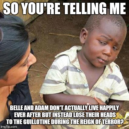 Third World Skeptical Kid | SO YOU'RE TELLING ME BELLE AND ADAM DON'T ACTUALLY LIVE HAPPILY EVER AFTER BUT INSTEAD LOSE THEIR HEADS TO THE GUILLOTINE DURING THE REIGN O | image tagged in memes,third world skeptical kid | made w/ Imgflip meme maker