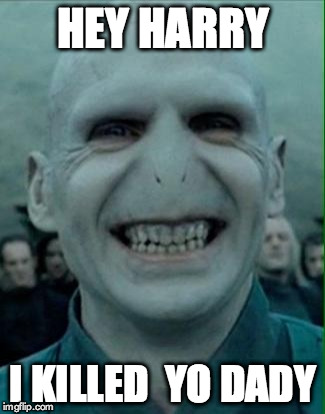 Voldemort Grin | HEY HARRY I KILLED  YO DADY | image tagged in voldemort grin | made w/ Imgflip meme maker