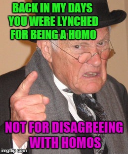 Things change grandpa | BACK IN MY DAYS YOU WERE LYNCHED FOR BEING A HOMO NOT FOR DISAGREEING WITH HOMOS | image tagged in memes,back in my day,homophobic | made w/ Imgflip meme maker