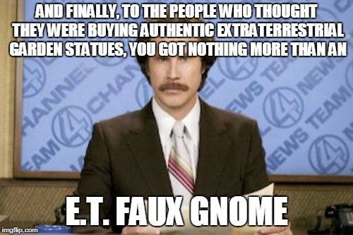 Ron Burgundy | AND FINALLY, TO THE PEOPLE WHO THOUGHT THEY WERE BUYING AUTHENTIC EXTRATERRESTRIAL GARDEN STATUES, YOU GOT NOTHING MORE THAN AN E.T. FAUX GN | image tagged in memes,ron burgundy | made w/ Imgflip meme maker