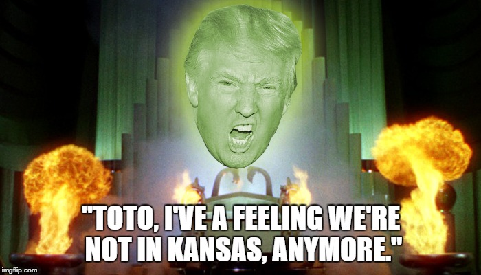 Wizard | "TOTO, I'VE A FEELING WE'RE NOT IN KANSAS, ANYMORE." | image tagged in trump,wizard of oz | made w/ Imgflip meme maker