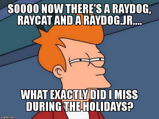 Did some massive group activity happen with Raydog? | SOOOO NOW THERE'S A RAYDOG, RAYCAT AND A RAYDOG.JR....    WHAT EXACTLY DID I MISS DURING THE HOLIDAYS? | image tagged in memes,futurama fry | made w/ Imgflip meme maker