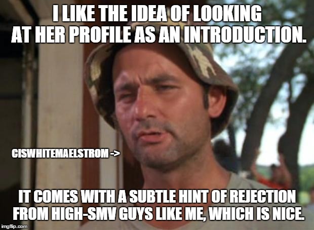So I Got That Goin For Me Which Is Nice Meme | I LIKE THE IDEA OF LOOKING AT HER PROFILE AS AN INTRODUCTION. IT COMES WITH A SUBTLE HINT OF REJECTION FROM HIGH-SMV GUYS LIKE ME, WHICH IS  | image tagged in memes,so i got that goin for me which is nice | made w/ Imgflip meme maker