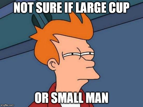 Futurama Fry Meme | NOT SURE IF LARGE CUP OR SMALL MAN | image tagged in memes,futurama fry | made w/ Imgflip meme maker