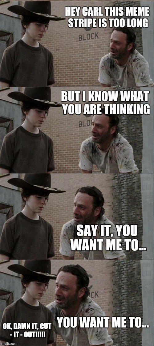 Rick and Carl Long Meme | HEY CARL THIS MEME STRIPE IS TOO LONG BUT I KNOW WHAT YOU ARE THINKING SAY IT, YOU WANT ME TO... YOU WANT ME TO... OK, DAMN IT, CUT - IT - O | image tagged in memes,rick and carl long | made w/ Imgflip meme maker