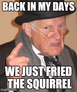 BACK IN MY DAYS WE JUST FRIED THE SQUIRREL | image tagged in memes,back in my day | made w/ Imgflip meme maker