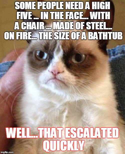 well, that escalated quickly!!!!!!!!!! | SOME PEOPLE NEED A HIGH FIVE
... IN THE FACE... WITH A CHAIR ... MADE OF STEEL... ON FIRE... THE SIZE OF A BATHTUB WELL...THAT ESCALATED QUI | image tagged in memes,grumpy cat | made w/ Imgflip meme maker