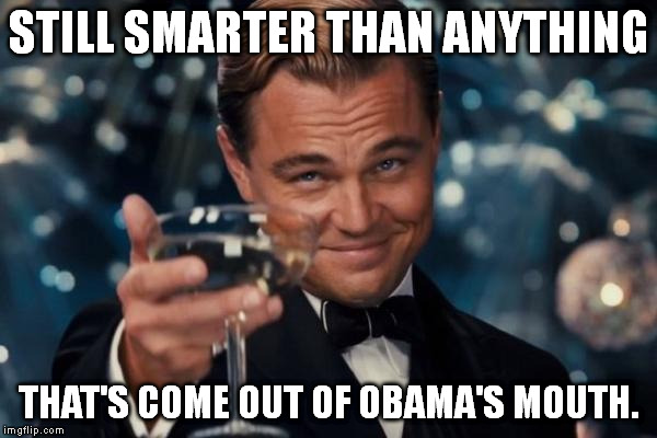 Leonardo Dicaprio Cheers Meme | STILL SMARTER THAN ANYTHING THAT'S COME OUT OF OBAMA'S MOUTH. | image tagged in memes,leonardo dicaprio cheers | made w/ Imgflip meme maker