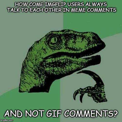 Philosoraptor | HOW COME IMGFLIP USERS ALWAYS TALK TO EACH OTHER IN MEME COMMENTS AND NOT GIF COMMENTS? | image tagged in memes,philosoraptor | made w/ Imgflip meme maker