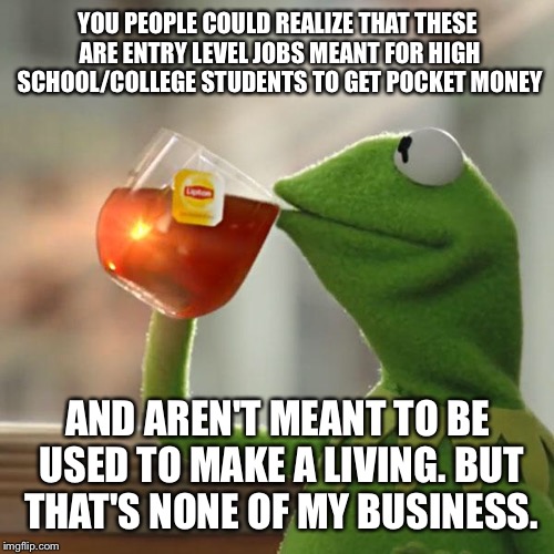 But That's None Of My Business Meme | YOU PEOPLE COULD REALIZE THAT THESE ARE ENTRY LEVEL JOBS MEANT FOR HIGH SCHOOL/COLLEGE STUDENTS TO GET POCKET MONEY AND AREN'T MEANT TO BE U | image tagged in memes,but thats none of my business,kermit the frog | made w/ Imgflip meme maker