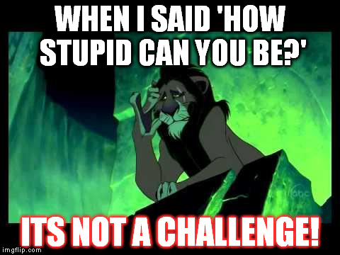 I'm surrounded by Geniuses | WHEN I SAID 'HOW STUPID CAN YOU BE?' ITS NOT A CHALLENGE! | image tagged in i'm surrounded by geniuses | made w/ Imgflip meme maker