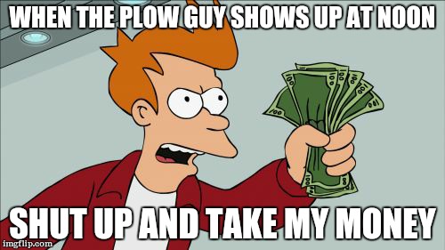 Shut Up And Take My Money Fry | WHEN THE PLOW GUY SHOWS UP AT NOON SHUT UP AND TAKE MY MONEY | image tagged in memes,shut up and take my money fry | made w/ Imgflip meme maker