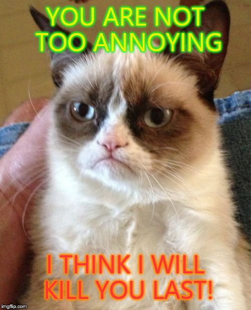Grumpy Cat Meme | YOU ARE NOT TOO ANNOYING I THINK I WILL KILL YOU LAST! | image tagged in memes,grumpy cat | made w/ Imgflip meme maker
