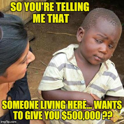 Third World Skeptical Nigerian Kid | SO YOU'RE TELLING ME THAT SOMEONE LIVING HERE... WANTS TO GIVE YOU $500,000 ?? | image tagged in memes,third world skeptical kid,special kind of stupid,dumb ass | made w/ Imgflip meme maker