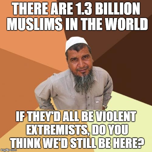 Ordinary Muslim Man | THERE ARE 1.3 BILLION MUSLIMS IN THE WORLD IF THEY'D ALL BE VIOLENT EXTREMISTS, DO YOU THINK WE'D STILL BE HERE? | image tagged in memes,ordinary muslim man | made w/ Imgflip meme maker