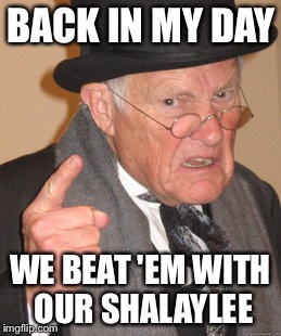 Schlonged | BACK IN MY DAY WE BEAT 'EM WITH OUR SHALAYLEE | image tagged in memes,back in my day | made w/ Imgflip meme maker