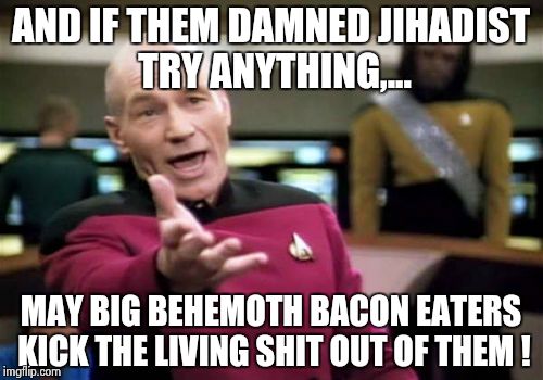 Picard Wtf Meme | AND IF THEM DAMNED JIHADIST TRY ANYTHING,... MAY BIG BEHEMOTH BACON EATERS KICK THE LIVING SHIT OUT OF THEM ! | image tagged in memes,picard wtf | made w/ Imgflip meme maker