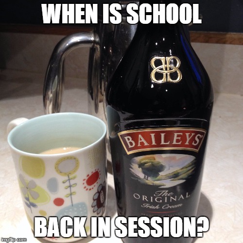 Bailey's Back To School | WHEN IS SCHOOL BACK IN SESSION? | image tagged in coffee,bailey's,school,school break,vacation | made w/ Imgflip meme maker