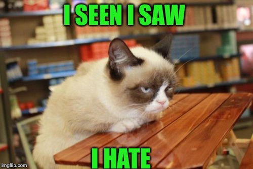 Grumpy cat  | I SEEN I SAW I HATE | image tagged in memes,grumpy cat table | made w/ Imgflip meme maker