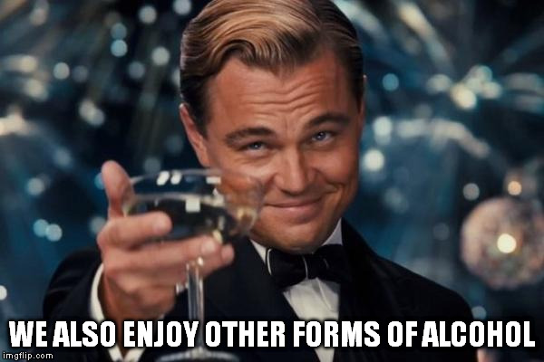 Leonardo Dicaprio Cheers Meme | WE ALSO ENJOY OTHER FORMS OF ALCOHOL | image tagged in memes,leonardo dicaprio cheers | made w/ Imgflip meme maker