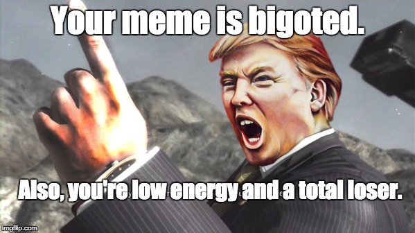 Trumping the Bigots | Your meme is bigoted. Also, you're low energy and a total loser. | image tagged in sarcasm,trump,civil rights | made w/ Imgflip meme maker