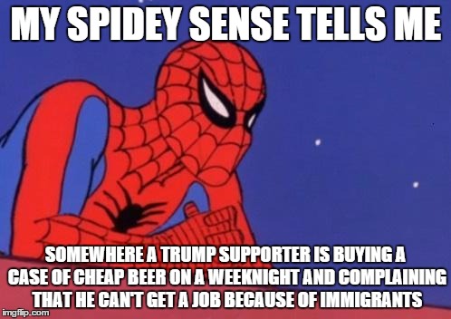 spiderman dots | MY SPIDEY SENSE TELLS ME SOMEWHERE A TRUMP SUPPORTER IS BUYING A CASE OF CHEAP BEER ON A WEEKNIGHT AND COMPLAINING THAT HE CAN'T GET A JOB B | image tagged in spiderman dots | made w/ Imgflip meme maker