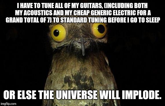 I am the guardian of the universe. You're welcome, by the way. | I HAVE TO TUNE ALL OF MY GUITARS, (INCLUDING BOTH MY ACOUSTICS AND MY CHEAP GENERIC ELECTRIC FOR A GRAND TOTAL OF 7) TO STANDARD TUNING BEFO | image tagged in memes,weird stuff i do potoo | made w/ Imgflip meme maker