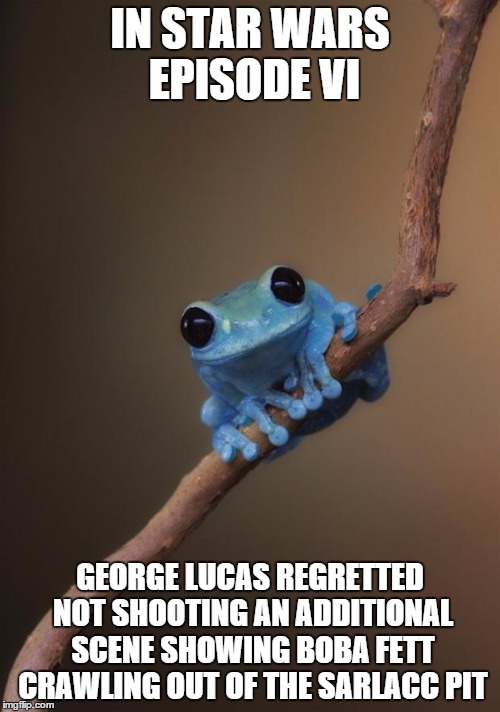 small fact frog | IN STAR WARS EPISODE VI GEORGE LUCAS REGRETTED NOT SHOOTING AN ADDITIONAL SCENE SHOWING BOBA FETT CRAWLING OUT OF THE SARLACC PIT | image tagged in small fact frog | made w/ Imgflip meme maker