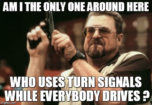Am I The Only One Around Here Meme | AM I THE ONLY ONE AROUND HERE WHO USES TURN SIGNALS WHILE EVERYBODY DRIVES ? | image tagged in memes,am i the only one around here | made w/ Imgflip meme maker