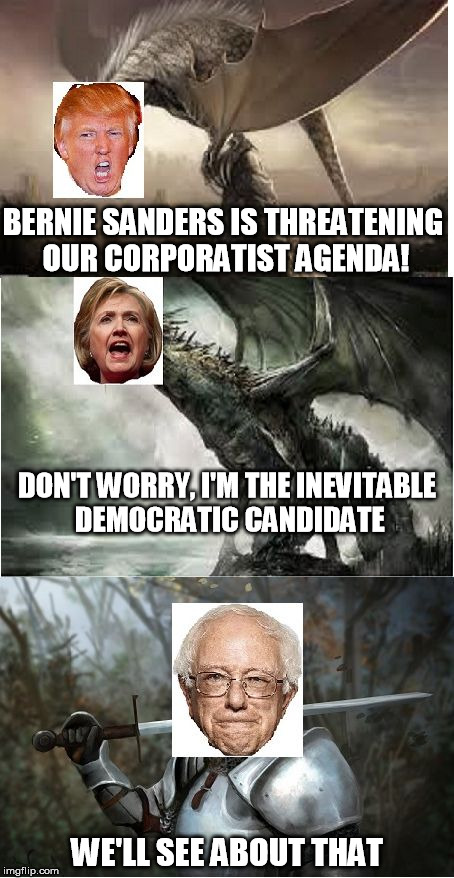 No Wall St. monsters can stop the Bernie freight train | BERNIE SANDERS IS THREATENING OUR CORPORATIST AGENDA! WE'LL SEE ABOUT THAT DON'T WORRY, I'M THE INEVITABLE DEMOCRATIC CANDIDATE | image tagged in we'll see about that,feel the bern,bernie sanders,hillary clinton,donald trump,trump | made w/ Imgflip meme maker