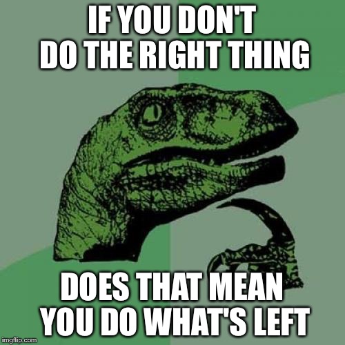 Philosoraptor | IF YOU DON'T DO THE RIGHT THING DOES THAT MEAN YOU DO WHAT'S LEFT | image tagged in memes,philosoraptor | made w/ Imgflip meme maker