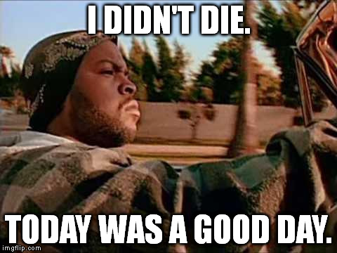 That's always a plus. :) | I DIDN'T DIE. TODAY WAS A GOOD DAY. | image tagged in memes,today was a good day | made w/ Imgflip meme maker