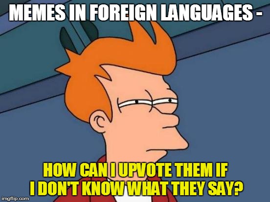Futurama Fry Meme | MEMES IN FOREIGN LANGUAGES - HOW CAN I UPVOTE THEM IF I DON'T KNOW WHAT THEY SAY? | image tagged in memes,futurama fry | made w/ Imgflip meme maker