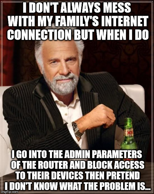 The Most Interesting Man In The World Meme | I DON'T ALWAYS MESS WITH MY FAMILY'S INTERNET CONNECTION BUT WHEN I DO I GO INTO THE ADMIN PARAMETERS OF THE ROUTER AND BLOCK ACCESS TO THEI | image tagged in memes,the most interesting man in the world | made w/ Imgflip meme maker