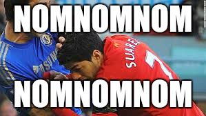 Luis Suarez outdated bite thing... | NOMNOMNOM NOMNOMNOM | image tagged in liverpool,luis suarez,football | made w/ Imgflip meme maker