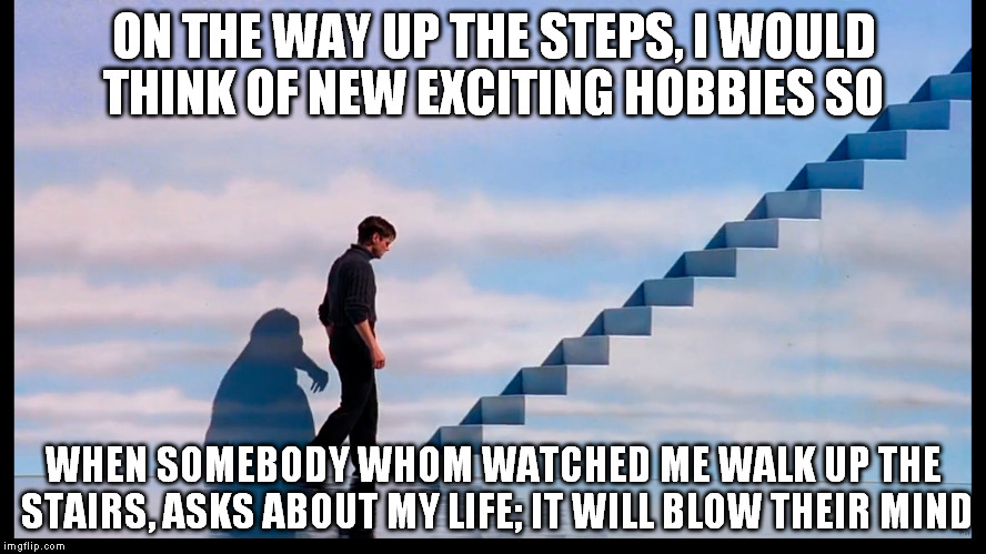 A true man's show of reconciliation | ON THE WAY UP THE STEPS, I WOULD THINK OF NEW EXCITING HOBBIES SO WHEN SOMEBODY WHOM WATCHED ME WALK UP THE STAIRS, ASKS ABOUT MY LIFE; IT W | image tagged in memes,philosophy,jim carrey,entertainment,success,life goals | made w/ Imgflip meme maker