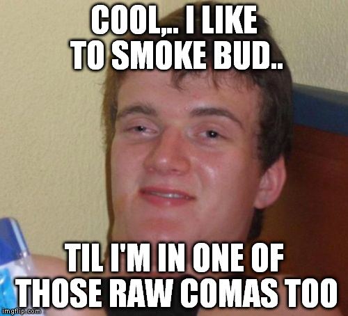 10 Guy Meme | COOL,.. I LIKE TO SMOKE BUD.. TIL I'M IN ONE OF THOSE RAW COMAS TOO | image tagged in memes,10 guy | made w/ Imgflip meme maker