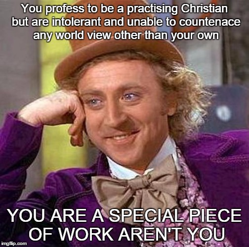 Chauvinism, google it. | You profess to be a practising Christian but are intolerant and unable to countenace any world view other than your own YOU ARE A SPECIAL PI | image tagged in memes,creepy condescending wonka | made w/ Imgflip meme maker