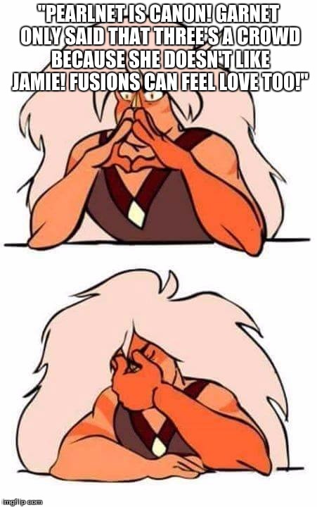 Steven universe | "PEARLNET IS CANON! GARNET ONLY SAID THAT THREE'S A CROWD BECAUSE SHE DOESN'T LIKE JAMIE! FUSIONS CAN FEEL LOVE TOO!" | image tagged in steven universe | made w/ Imgflip meme maker