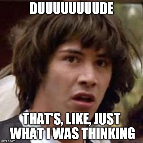 DUUUUUUUUDE THAT'S, LIKE, JUST WHAT I WAS THINKING | image tagged in memes,conspiracy keanu | made w/ Imgflip meme maker