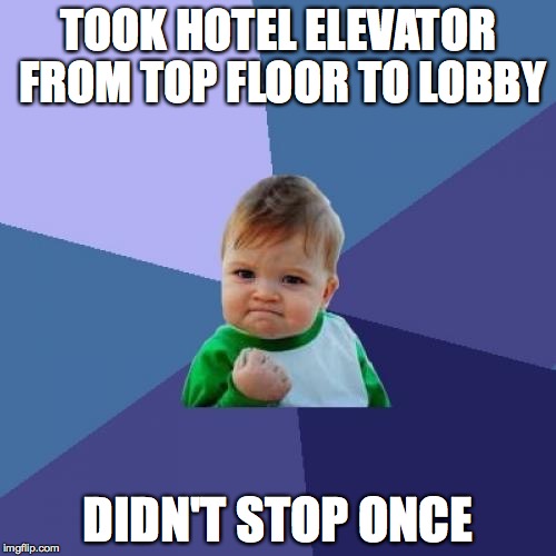 Success Kid Meme | TOOK HOTEL ELEVATOR FROM TOP FLOOR TO LOBBY DIDN'T STOP ONCE | image tagged in memes,success kid | made w/ Imgflip meme maker