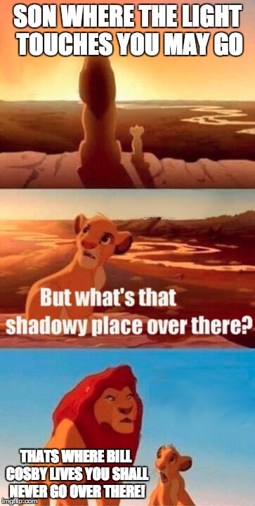 Bill cosbys shadowy place 
 | SON WHERE THE LIGHT TOUCHES YOU MAY GO THATS WHERE BILL COSBY LIVES YOU SHALL NEVER GO OVER THERE! | image tagged in memes,simba shadowy place | made w/ Imgflip meme maker