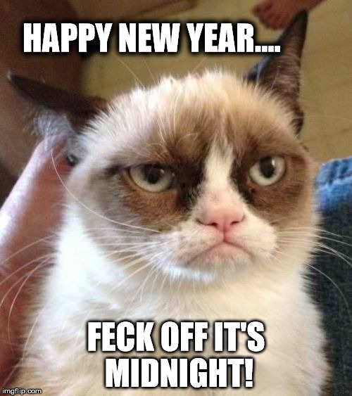 Grumpy Cat Reverse Meme | HAPPY NEW YEAR.... FECK OFF IT'S MIDNIGHT! | image tagged in memes,grumpy cat reverse,grumpy cat | made w/ Imgflip meme maker