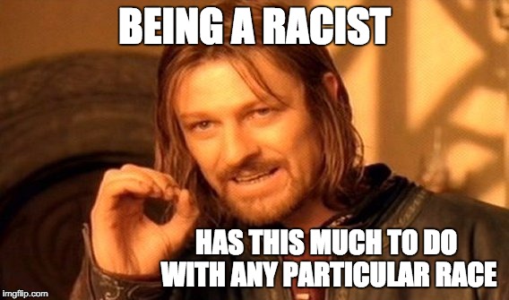 One Does Not Simply Meme | BEING A RACIST HAS THIS MUCH TO DO WITH ANY PARTICULAR RACE | image tagged in memes,one does not simply | made w/ Imgflip meme maker